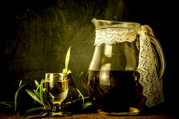 Tasting extra virgin olive oil, still life.