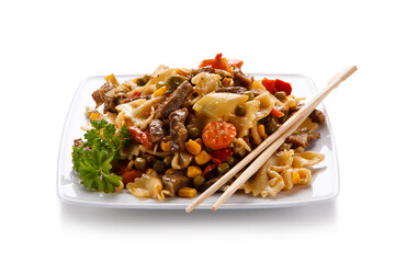 Pasta with meat asian style on white background