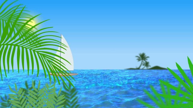 A sunny day and a view from beach with palm trees to sea with a yacht. 4K Ultra High Definition video animation loop.
