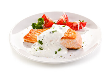 Grilled salmon on white background
