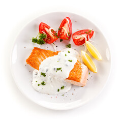 Grilled salmon on white background