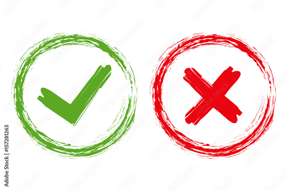 Poster tick and cross brush signs. green checkmark ok and red x icons, isolated on white background. simple