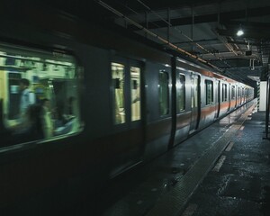 Fototapeta premium 夜の駅と電車