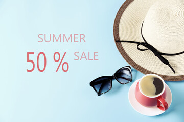 Concept Summer Sale 50%  on blue background,Copy space,Flat lay.
