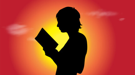 Vector silhouette of woman who read book at sunset.