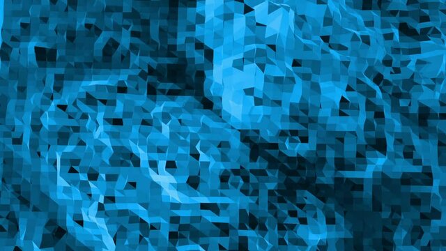 Blue low poly transforming surface as glamour landscape. Blue polygonal geometric transforming environment or pulsating background in cartoon low poly popular modern stylish 3D design.