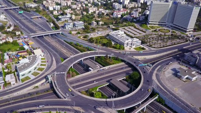 Aerial drone video of Attiki odos interchange in Maroussi, Athens, Attica, Greece
