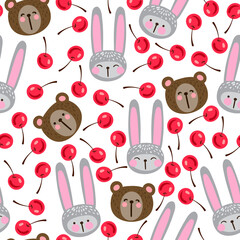 Vector seamless pattern with cute animals. Beautiful children's print with bunny and teddy bear and apples.