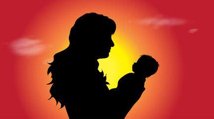 Vector silhouette of family at sunset.