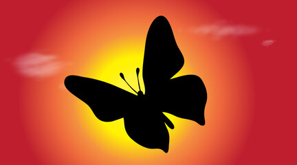 Vector silhouette of butterflly at sunset.