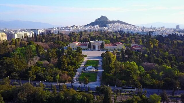 Aerial drone video of Zappeion in Athens historic center, Attica, Greece
