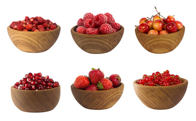 Collage of red fruits and berries isolated on white. Set of strawberries, raspberries, currants, garnets and cherries. Sweet and juicy berry with copy space for text. 