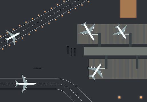 Top down view of an airport terminal and runways. Illustration of a airport. White planes, dynamic composition. Nice clean image.