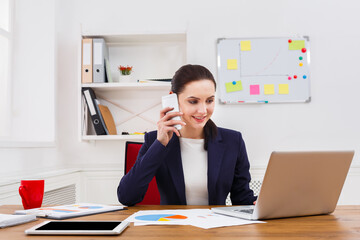 Business talk, woman consulting by phone at office