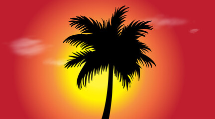 Vector silhouette of palm tree at sunset.
