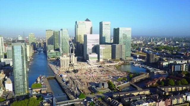 Aerial drone video of Canary Warf, London, United Kingdom