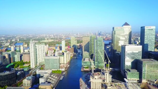 Aerial drone video of Canary Warf, London, United Kingdom