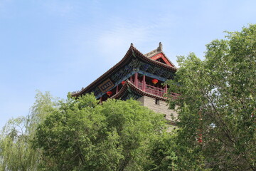 Fototapeta na wymiar A Rebuilt Traditional Style Tower Wall Gate in Qinghai Province