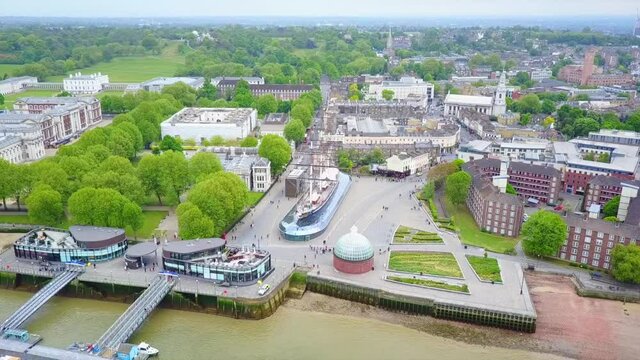 Aerial drone video of Cutty Sark british clipper, Greenwich village, London, United Kingdom