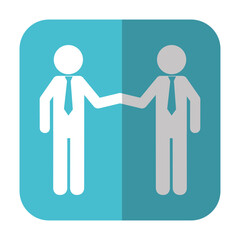 pictogram man doing a handshake icon over blue square and white background. vector illustration