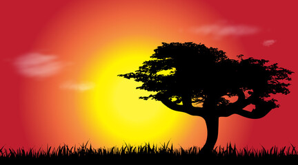 Fototapeta na wymiar Vector silhouette of savana at sunset.