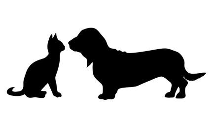 Vector silhouette of dog with cat on white background.