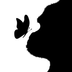 Vector silhouette of gorilla with butterfly on white background. © majivecka