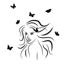 Vector silhouette of woman with butterfly.
