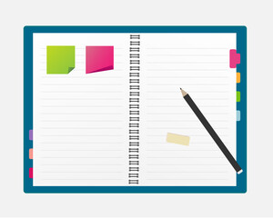 Open blank note book with some stickies and pencil isolated on a white background - Vector illustration.