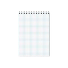 Vector empty mock up isolated on white background.  Vertical closed booklet with metal spiral template isolated. Realistic illustration for your design. Blank copybook