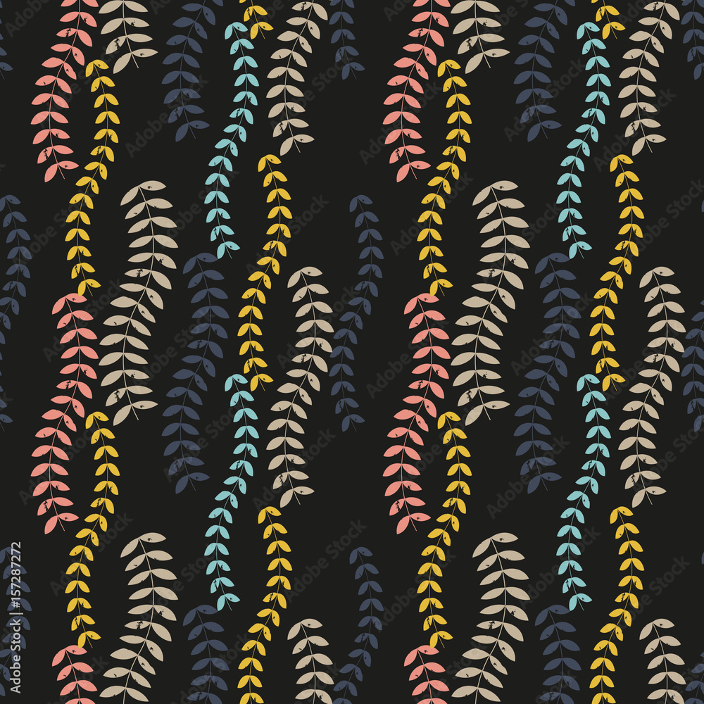 Poster vector floral seamless pattern with stylized twigs and leaves in retro style.