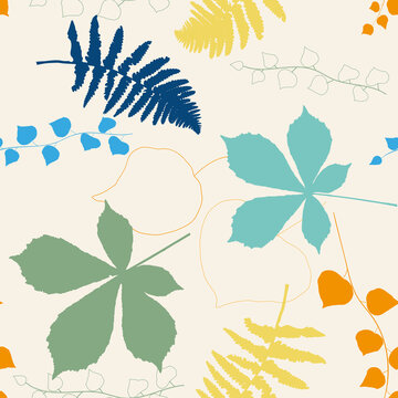 Vector floral seamless pattern with  chestnut tree , ivy and fern leaves outlines.