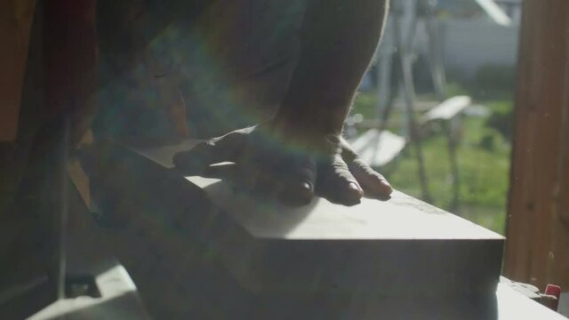 Hands of woodworker is grinding wooden plank on woodworking machine with sun flares and flying sawdust