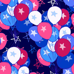 Ink hand drawn seamless pattern with balloons on 4th of July Independence day
