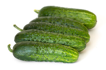 Five fresh cucumbers in a row on white background