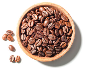 roasted coffee beans on white, top view