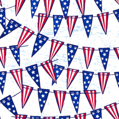 Ink hand drawn seamless pattern with american flag garland on 4th of July Independence day