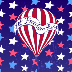 Ink hand drawn vector air balloon in the night star sky on 4th of July Independence day