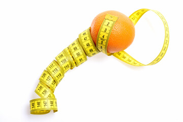 measuring tape twined around orange isolated on white