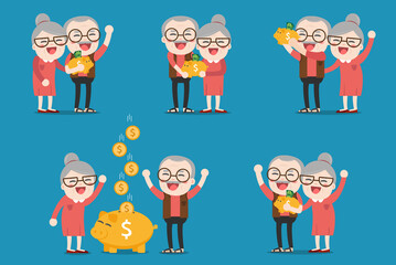 Senior people with golden piggy bank, Pension