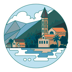Fototapeta premium Montenegro. Beautiful flat colored vector with city on a beach in round. for infographics and web. Modern flat design. Summer landscapes in mountains background, Vector flat illustration