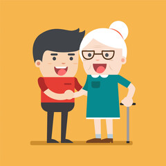 Illustration of young volunteer man caring for elderly woman. Man helping and supporting old aged female. Vector flat design. Social concept caring for seniors