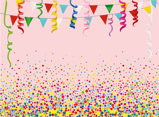 Colorful multicolored confetti and garland of flags. Holiday birthday. Vector. Greeting card or invitation.