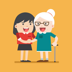 Illustration of young volunteer woman caring for elderly woman. woman helping and supporting old aged female. Vector flat design. Social concept caring for seniors