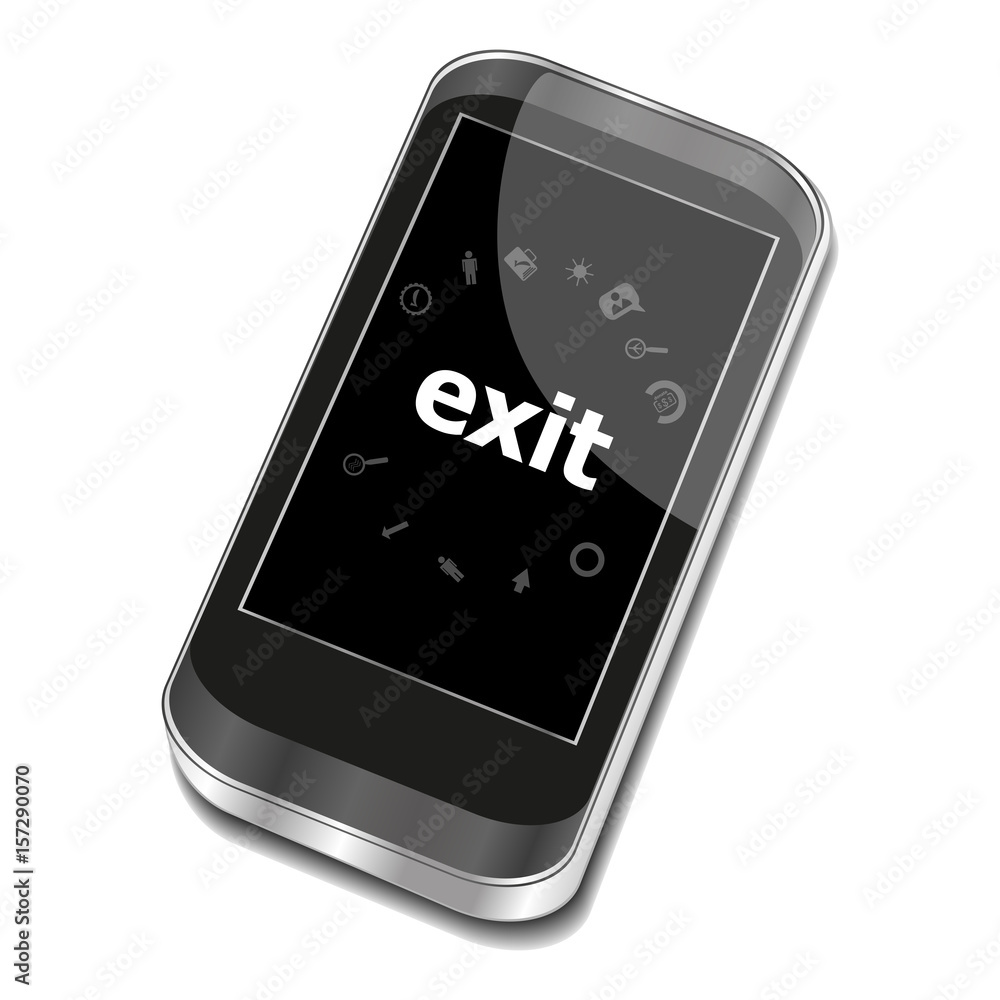 Aufkleber text exit. social concept . smartphone with business web icon set on screen . isolated on white