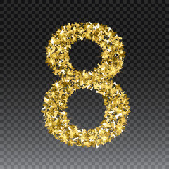 Gold glittering number eight.Vector shining golden font figure lettering of sparkles on checkered background.