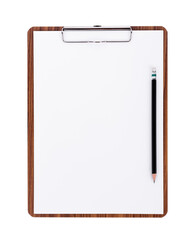 Blank paper on wooden clipboard with space on white background