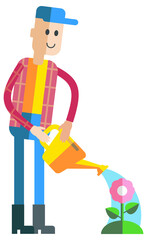 Young man is watering flower. Gardener character in flat design isolated on white. Vector clip art.