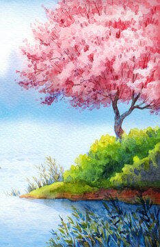 Spring watercolor landscape. Flowering trees over lake