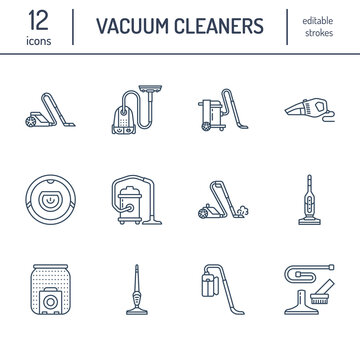 Vacuum cleaners flat line icons. Different vacuums types - industrial, household, handheld, robotic, canister, wet dry. Thin linear signs for housework equipment shop.